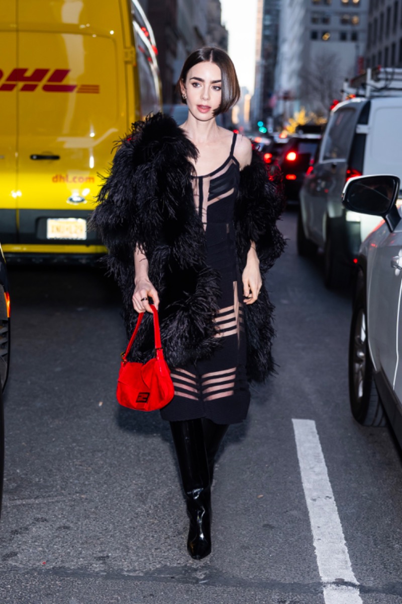  Lily Collins in a FendiI archive dress and Baguette